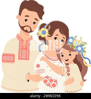 Glückliche ukrainische Familie. Netter bärtiger Mann, Vater umarmt seine Frau und Tochter zärtlich in traditioneller Kleidung bestickt Hemd Vyshyvanka. Vektorillustrat Stock Vektor