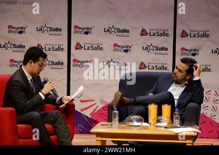 Mexiko-Stadt, Mexiko. März 2024. Jorge Alvarez Maynez, Präsidentschaftskandidat für die Bürgerbewegung, traf sich mit Studenten des La Salle University Condesa Campus in Mexiko-Stadt. Am 20. März 2024 in Mexiko-Stadt, Mexiko (Credit Image: © Luis Barron/eyepix via ZUMA Press Wire) NUR REDAKTIONELLE VERWENDUNG! Nicht für kommerzielle ZWECKE! Stockfoto