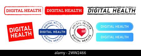 Digitale Gesundheit Rechteck Kreisstempel und Knopfzeichen für Technologie Internet Gesundheitswesen Medizin Stock Vektor