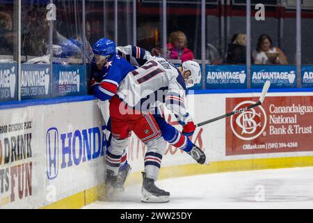 20. März 2024: Hartford Wolf Pack Stürmer Anton Blidh (21) skatet in der ersten Periode gegen die Rochester Americans. Die Rochester Americans veranstalteten das Hartford Wolf Pack in einem Spiel der American Hockey League in der Blue Cross Arena in Rochester, New York. (Jonathan Tenca/CSM) Stockfoto