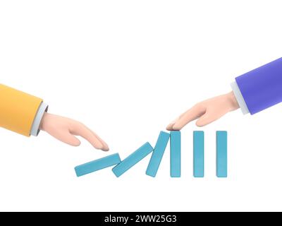 Domino-Effekt-Konzept. Ein Mann schiebt die Dominosteine und macht einen zweiten Halt. Geschäftslösung für Kettenreaktionen stoppen. Erfolgreiche Intervention. 3D-Illustraten Stockfoto