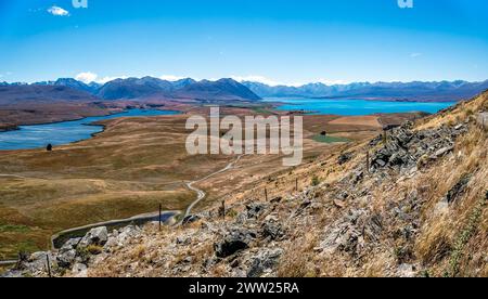 Mit den südlichen alpen im Hintergrund befindet sich der Alexandrina-See auf der linken Seite und der Tekapo-See auf der rechten Seite vom Mt. John Conservatory Walk Stockfoto