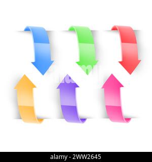 Pfeile, Verkleinerung oder grafisches Zeichen für Zunahme, Synergie oder Symbol für Wachstum isoliert auf weißem Hintergrund im Studio. Änderung, Aktion oder Farbdesign für Stockfoto