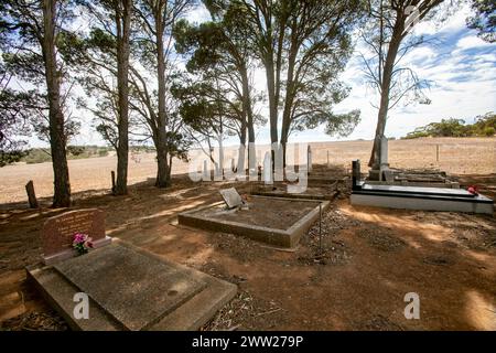 St. Pauls Lutherischer Friedhof in der abgelegenen Gegend von St. Kitts, angrenzende Kirche ist heute geschlossen, South Australia, 2024 Stockfoto