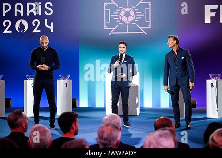 Fabien Leveque Thierry Henry und Herve Renard während der Endauslosung des Fußballturniers der Olympischen Spiele am 20. März 2024 in Paris, Frankreich, im Hauptquartier Paris 2024. Foto: Victor Joly/ABACAPRESS.COM Stockfoto