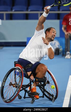 Tokio, Japan. September 2020. Tom Egberink aus den Niederlanden gewann bei den Paralympics 2020 in Tokio die Silbermedaille im Rollstuhl-Tennis-Einzelfinale der Männer, besiegte Shingo Kunieda (nicht im Bild). Shingo Kunieda gewann 6-1 6-2 gegen Tom Egberink (Foto: James Matsumoto/SOPA Images/SIPA USA) Credit: SIPA USA/Alamy Live News Stockfoto