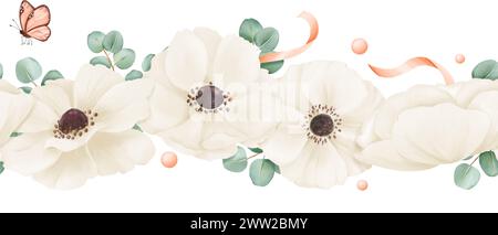 Ein nahtloser Rand zarte weiße Anemonen, Eukalyptusblätter, verziert mit Bändern, Strasssteinchen und Schmetterlingen. Aquarellillustration für Hochzeit Stockfoto