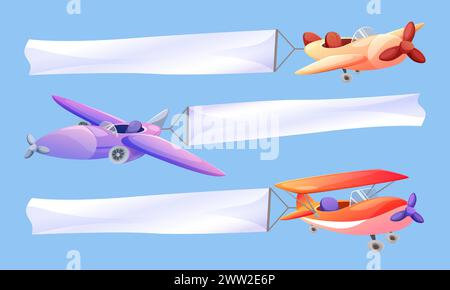 Cartoon-Himmelflugzeug-Banner mit Band für Nachricht in der Luft. Vintage biplane Fliegenvektor. Werbung mit altem Flugzeugdesign. Flugzeug mit Propeller, das mit Plakatwand auf blauem Hintergrund fliegt Stock Vektor