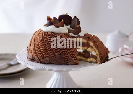 Ein Schokoladenkuchen auf einem weißen Teller Stockfoto