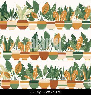 Vektormuster mit Hauspflanzen in verschiedenen Töpfen auf Regalen auf weißem Hintergrund. Textur mit horizontalen Rändern mit flachen Illustrationspflanzen Stock Vektor