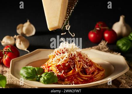 Spaghetti mit Tomatensauce und Basilikumblättern auf einem Teller Stockfoto