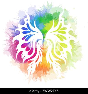 Vektor-weiße Silhouette der Feenflügel auf Regenbogen-Aquarellspritzern und weißem Hintergrund. Helle Schmetterlingsflügel für Aufkleber und Symbol. Märchen cr Stock Vektor