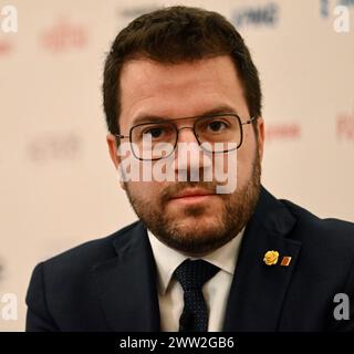 Madrid, Spanien. März 2024. Kataloniens Regierungspräsident Pere Aragonés bittet heute, am 20. März 2024, während einer Pressekonferenz in Madrid, Spanien, um ein Referendum über Unabhängigkeits- und Autonomiesteuern für seine Region. Quelle: Cesar Luis de Luca/dpa/Alamy Live News Stockfoto