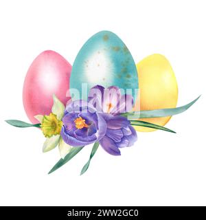 Ostereier in Gelb, Blau und Rosa mit Blumen aus Krokussen, Narzissen und Schneeglöckchen. Aquarellabbildung auf weißem Hintergrund. Handbemalt. S Stockfoto