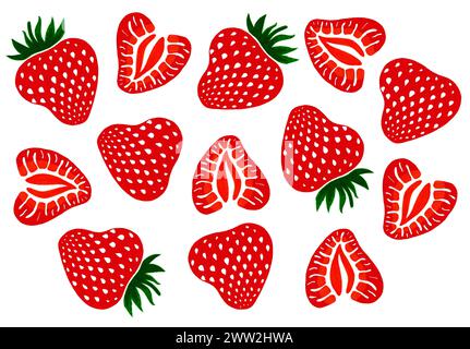 Ein Satz Erdbeeren, die zufällig auf weißem Hintergrund angeordnet sind. Ganz und halbiert. Stilisierung. Rote Beeren mit weißen Punkten und grünen Blättern. Eine Erdbeere, die in zwei Hälften geschnitten ist, hat weiße Adern. Stockfoto