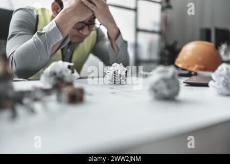 Der Architekt machte einen Fehler beim Entwurf des Plans. Papiercrump auf Blueprint. Fehler, Fehler und Problem Konzept. Stockfoto