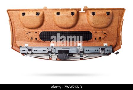 Sonnenblende auf dem Glas der Heckscheibe des Autos schwarze Nahaufnahme schützt vor Sonnenstrahlen strukturiertes Doppelgewebe aus einem speziellen Material. Auto s Stockfoto