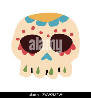 mexikanischer Schädel mit volkstümlichem Ornament, isolierte Ikone, Vorderansicht. Vektorillustration kann für Aufkleber und T-Shirt-Design verwendet werden. Stock Vektor