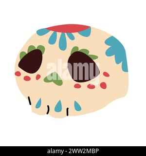 mexikanischer Schädel mit volkstümlichem Ornament, isolierte Ikone, Dreiviertelansicht von der Seite. Vektorillustration kann für Aufkleber und T-Shirt-Design verwendet werden. Stock Vektor