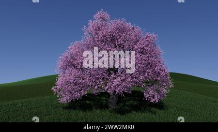 3D-Abbildung Ein großer Baum mit violetten Blättern steht auf einem Hügel Stockfoto