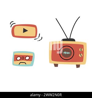 Set aus 80-s-Audio-Musikgeräten Radio und Audiokassette, Wiedergabetaste. Vektordarstellung isoliert. Stock Vektor