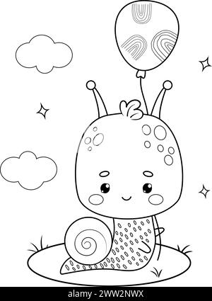 Lustige kleine Schneckenfigur mit Ballon. Comic-Outline Cartoon Insekt. Linienzeichnung, Malbuch. Kinderkollektion. Vektorabbildung Stock Vektor