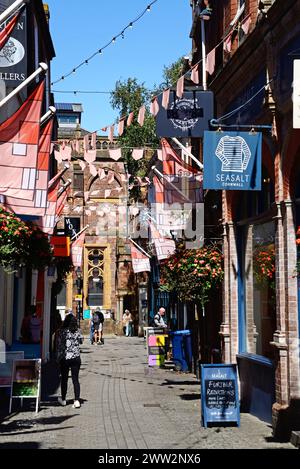 Menschen gehen entlang der Gandy Street, gesäumt von Geschäften und Restaurants, mit einem Teil des Royal Albert Memorial Museums und der Kunstgalerie nach hinten, Exeter, Großbritannien. Stockfoto