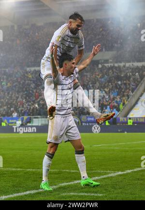 Saarbrücken, Deutschland. März 2024. firo: 12.03.2024, Fußball, DFB-Cup, Saison 2023.2024, Viertelfinale, 1. FC Saarbrücken - Borussia Mönchengladbach, Gladbach Jubilation für 1:1 für Saarbrücken, NAIFI/dpa/Alamy Live News Stockfoto