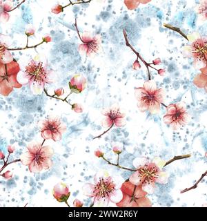 Aquarell Frühling blühende Zweige von Baum-, Sakura- oder Kirschknospen, Blumen nahtloses Muster auf Aquarellgrauen Flecken Hintergrund. Frühjahrs-Clipart Stockfoto