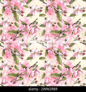 Apfel- oder anderer Frühlingsblütenbaum nahtloses Muster, Blumen, Knospen auf Aquarellflecken Hintergrund. Frühjahrspflanze. Handgezeichnetes Blumenmuster Stockfoto