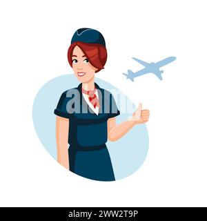 Die junge lächelnde Stewardess zeigt die Daumen hoch. Reisen, Flugreisen, Flugzeugkonzept, flaches Design, Cartoon-Stil. Vektorabbildung. Flugbegleiterin in Uniform der Fluggesellschaft. Stock Vektor