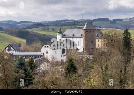 HELLENTHAL, DEUTSCHLAND - 13. FEBRUAR 2024: Panoramabild der Burg Wildenburg am 13. Februar 2024 in Nordrhein-Westfalen Stockfoto