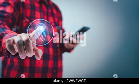 Man scannt Fingerabdrücke biometrische Identität und Genehmigung, sicherer Zugriff durch gültigen Fingerabdruckscan, Business Technology Safety Internet Network Con Stockfoto