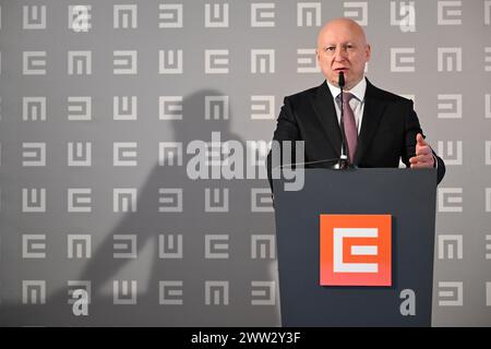 Prag, Tschechische Republik. März 2024. Daniel Benes, CEO der CEZ Energy Group, spricht auf der Pressekonferenz zum Thema 2023 Ergebnisse und Ausblick für 2024 am 21. März 2024 in Prag (Tschechische Republik). Quelle: Michaela Rihova/CTK Photo/Alamy Live News Stockfoto