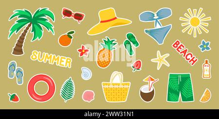Vektorabbildung. Ein Set von Stickern zum Thema Sommer, Meer, Strand. Stock Vektor