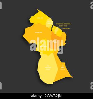 Guyana politische Karte der Verwaltungsbereiche - Regionen. Flache Vektorkarte mit gelbem Schatten mit Namensbeschriftungen und fallendem Schatten isoliert auf dunkelgrauem Hintergrund. Stock Vektor
