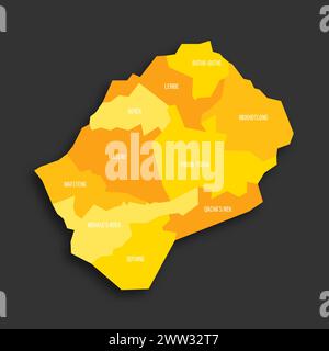 Lesotho politische Karte der Verwaltungsbereiche - Bezirke. Flache Vektorkarte mit gelbem Schatten mit Namensbeschriftungen und fallendem Schatten isoliert auf dunkelgrauem Hintergrund. Stock Vektor