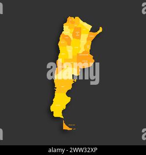 Argentinien politische Karte der Verwaltungseinheiten - Provinzen und autonome Stadt Buenos Aires. Flache Vektorkarte mit gelbem Schatten mit Namensbeschriftungen und fallendem Schatten isoliert auf dunkelgrauem Hintergrund. Stock Vektor