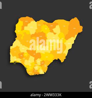 Nigeria politische Karte der Verwaltungsbereiche - bundesstaaten und Bundeshauptstadt. Flache Vektorkarte mit gelbem Schatten mit Namensbeschriftungen und fallendem Schatten isoliert auf dunkelgrauem Hintergrund. Stock Vektor