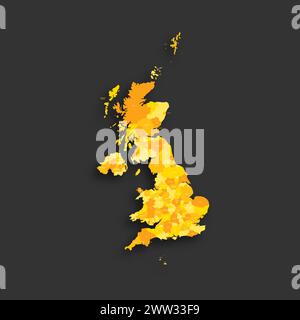 Vereinigtes Königreich Großbritannien und Nordirland politische Karte der Verwaltungsabteilungen - Countys, Unitary Authorities und Greater London in England, Distrikte von Nordirland, council Areas of Scotland und Countys, County Boroughs und Cities of Wales. Flache Vektorkarte mit gelbem Schatten mit Namensbeschriftungen und fallendem Schatten isoliert auf dunkelgrauem Hintergrund. Stock Vektor