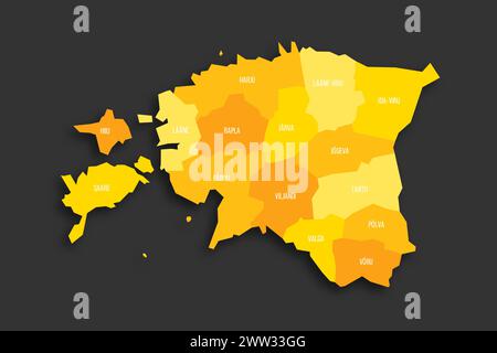 Estland politische Karte der Verwaltungsabteilungen - Grafschaften. Flache Vektorkarte mit gelbem Schatten mit Namensbeschriftungen und fallendem Schatten isoliert auf dunkelgrauem Hintergrund. Stock Vektor