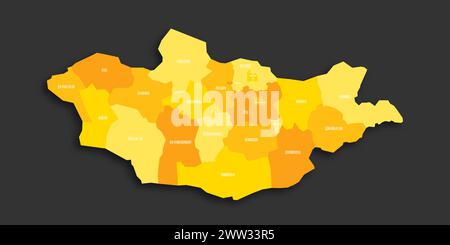 Mongolei politische Karte der Verwaltungseinheiten - Provinzen und Khot Ulaanbaatar. Flache Vektorkarte mit gelbem Schatten mit Namensbeschriftungen und fallendem Schatten isoliert auf dunkelgrauem Hintergrund. Stock Vektor