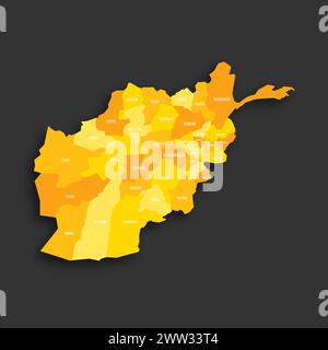 Afghanistan politische Karte der Verwaltungsabteilungen - Provinzen. Flache Vektorkarte mit gelbem Schatten mit Namensbeschriftungen und fallendem Schatten isoliert auf dunkelgrauem Hintergrund. Stock Vektor