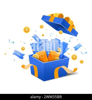 3D-Geschenkbox mit Coupons oder Gutscheinen, fliegenden Goldmünzen, Dollars, Konfetti und Band. Weihnachtsverkauf, Glücksgewinn-Überraschung, Prämienprogramm-Angebot, Online-Shopping-Bonus. 3D-Vektor isoliert. Vektorabbildung Stock Vektor