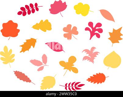 Sammlung von handgezeichnetem Herbstlaub. Baumblätter, Herbarium-Set. Farbenfrohe orange gelbe rote Blätter letztes Jahr. Zeichentrick flache Vektorsymbole isoliert o Stock Vektor