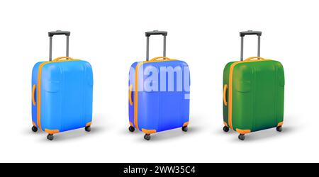 3D-Urlaubskoffer in verschiedenen Farben: Hellblau, blau und grün, isoliert auf weißem Hintergrund. 3D gestalteter Koffer oder Gepäck in minimalem Stil. Gepäcksymbol. Vektorabbildung. Vektorabbildung Stock Vektor