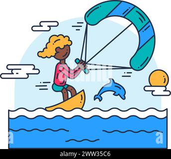 Junge Extremsportler steuern den Fallschirm und reiten mit dem Kiteboard durch die Wellen. Extremsport und aktiver Lebensstil. Einfaches Vektorsymbol mit farbigen Konturen Stock Vektor