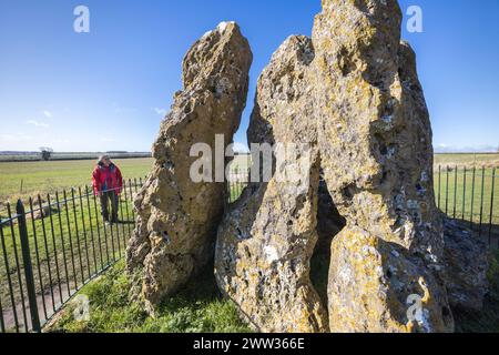 Die Whispering Knights, Rollright Stones prähistorischer Steinkreis an der Grenze zwischen Oxfordshire und Warwickshire, England, Großbritannien Stockfoto