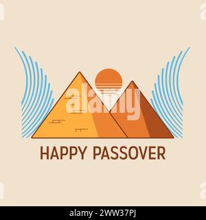Vektor-minimalistische Illustration von Pessach-Feiern. Pyramiden von Gizeh und symbolische Wellen des Roten Meeres. Das Konzept der Flucht aus Ägypten. Stock Vektor