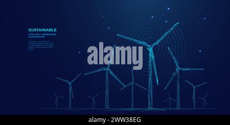 Polygonale Windleistung. Landschaft der Windenergieanlagen. Windmühlenpark. Stock Vektor